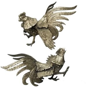 Pair Fighting Gamecock Roosters Vintage Italian Brass Figurines Made in Italy